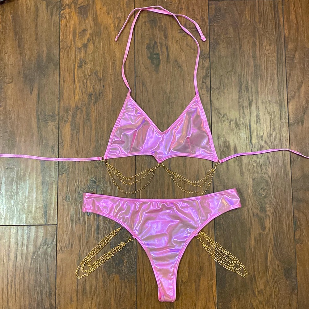 Pink Holographic Chain Decor Rave Bikini Set